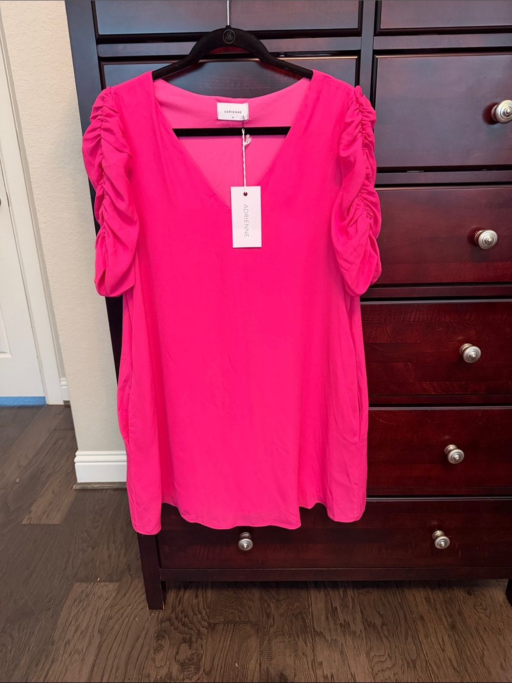 NWT Adrienne Hot Pink V-Neck Puff Sleeve dress - Size Medium